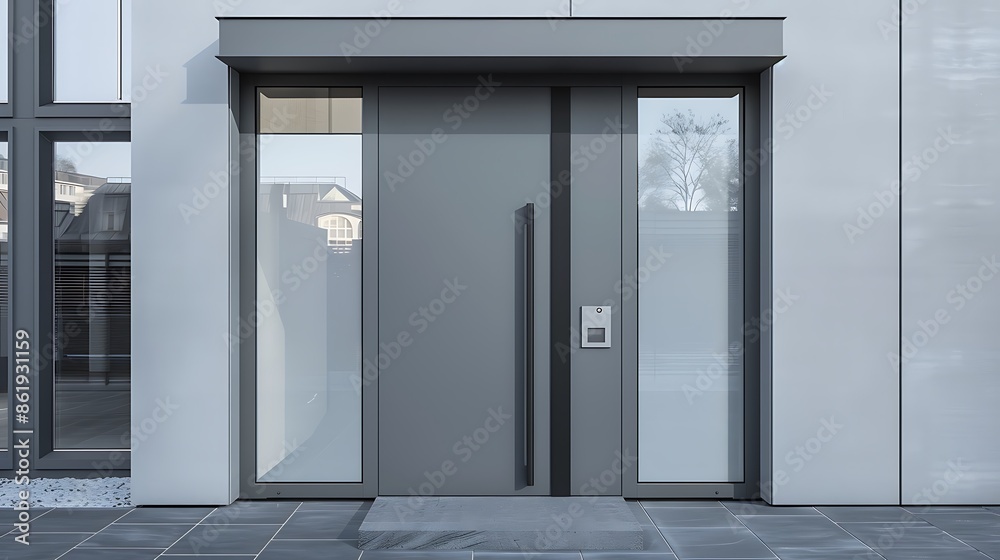 soft grey door with a minimalist design, framed by frosted glass side panels and sleek, modern hardware soft grey door with a minimalist design, framed by frosted glass side panels and sleek, modern hardware
