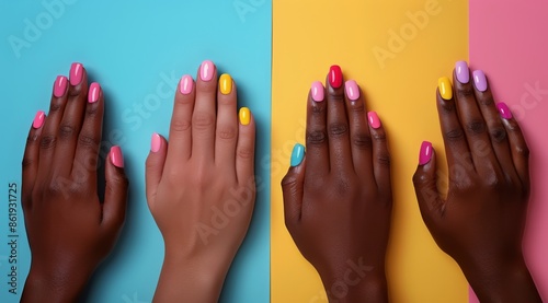 Four Hands With Different Nail Polish Colors Against a Blue Background