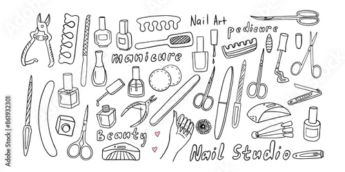 Set of manicure tools in doodle style. Nail polish, Gel polish, emery board, cuticle scissors, nail brush, nail file, tweezers, nail clippers, LED nail lamp, Toenail scissors. Hand drawn. Nail studio