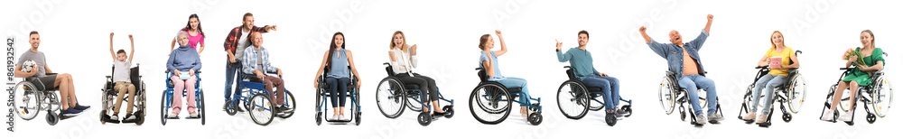 Set of happy people in wheelchairs isolated on white Set of happy people in wheelchairs isolated on white