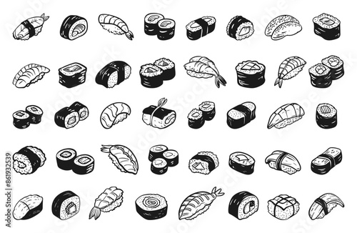 Doodle Style Sushi Icons Set. Hand Drawn Simple Style Black Icons on White Background Japanese Cuisine Illustrations Traditional Food Collection Sushi Rolls Clipart