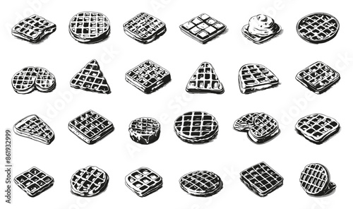Engraving Style Waffles Icons Set Hand Drawn Simple Style Black Icons on White Background Dessert Illustrations Belgian Waffle Collection Breakfast Treats Vector Clipart