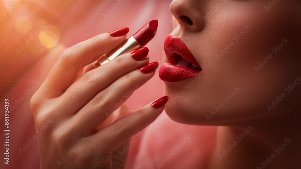 Naklejka premium A woman with red lipstick and bright nails is holding a lip gloss, AI