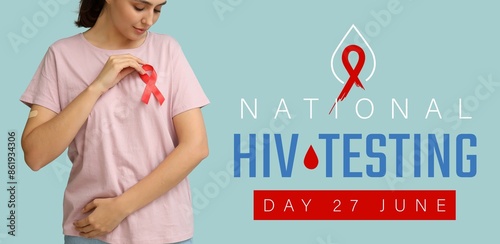 Banner for National HIV Testing Day with young woman holding with red awareness ribbon on t-shirt photo