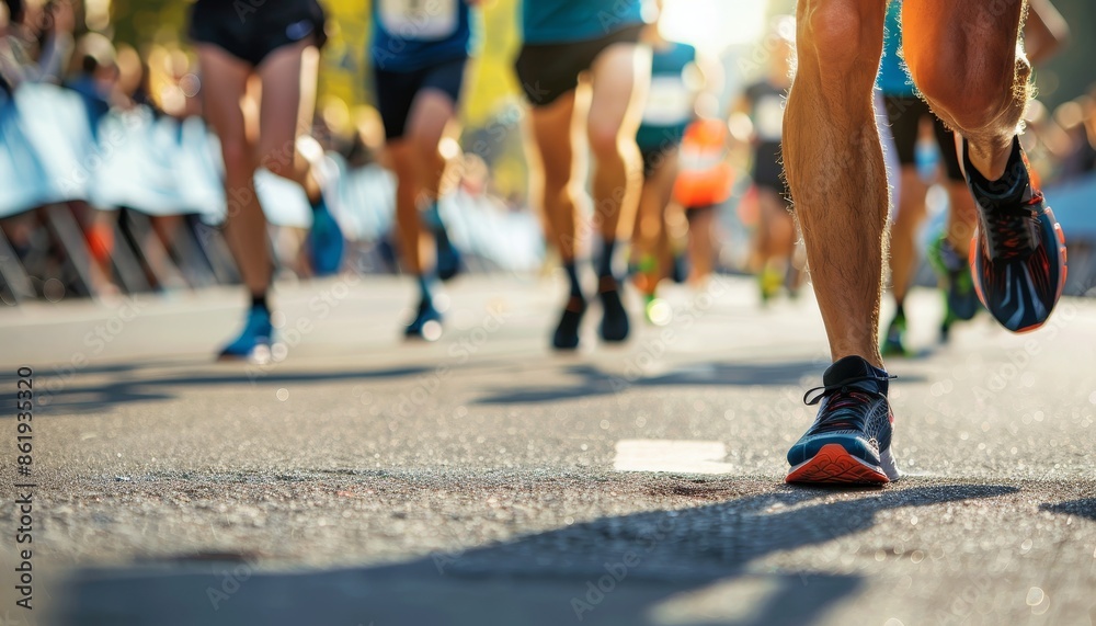 Fototapeta premium Intense focus on group of runners in close up during a competitive marathon event