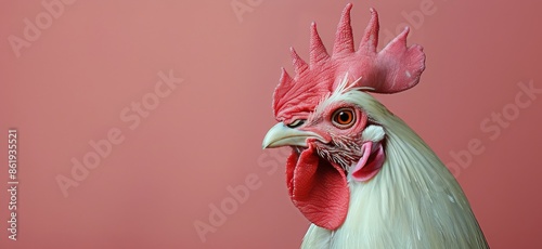 White Rooster Against Pink Background