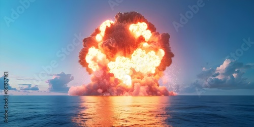 The Ocean Experienced a Massive Explosion Due to a Nuclear Bomb. Concept Natural Disaster, Oceanic Destruction, Environmental Impact, Catastrophic Event