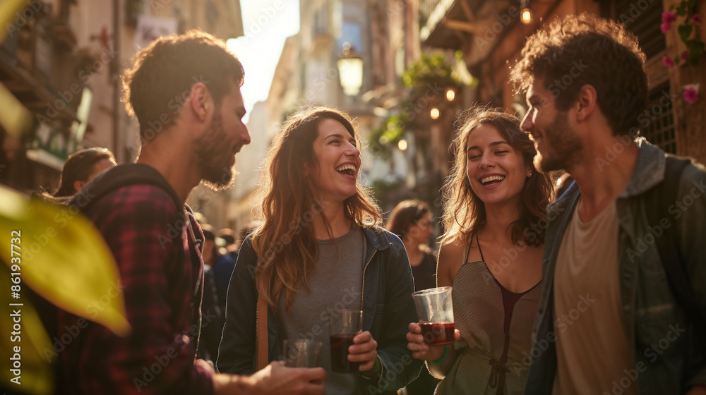 Group of friends exploring Italy as tourists - laughing, drinking and sightseeing in the streets of a town