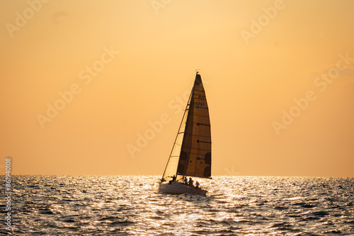 Sailboat at sunset on Mediterranean sea in Croatia
