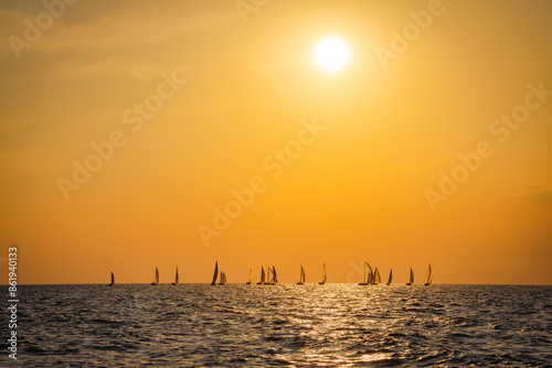 Sailboats in sunset in Croatia, Mediterranean sea