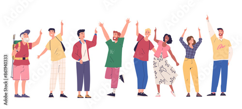 People point-up direction. Laughing man woman couple looking up indicate finger gesture, stand employee guy or senior arm indicating goal upward look in sky illustration