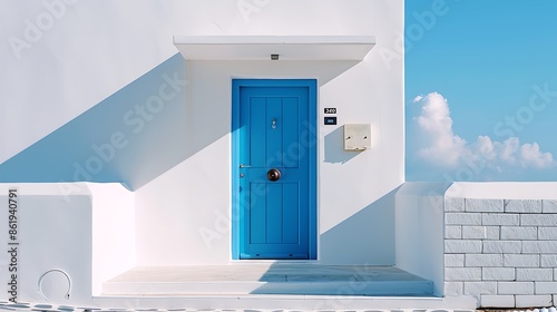 bright sky blue door with a matte finish, surrounded by a minimalist white fa? section ade and featuring a sleek, modern doorbell