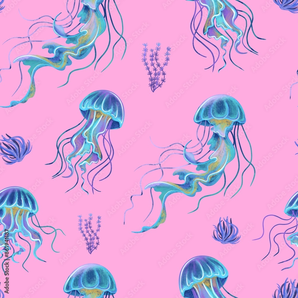 Underwater world. Seamless pattern with jellyfish and sea vegetation on pink background. Use for poster, card, print, textile, template, fabric, pattern, sticker, wedding, celebration, birthday.