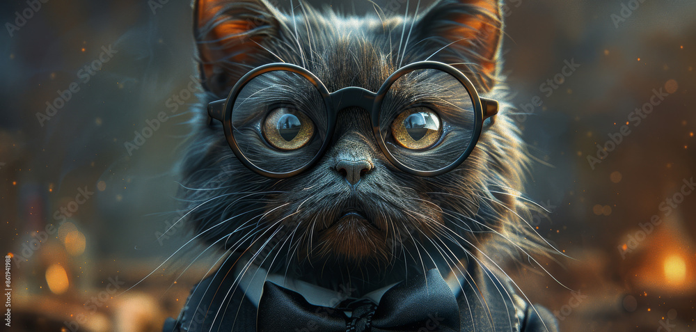 Black cat wearing glasses and bow tie, close-up portrait. Cute pet fashion concept