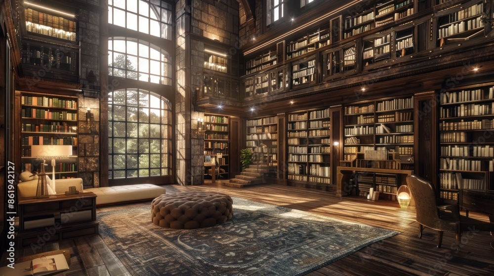 Knowledge Haven - A Library with Towering Bookshelves and a Cozy Reading Area - Generativ AI
