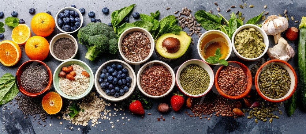 Fresh Produce And Seeds Arranged In Bowls On A Gray Surface Fresh Produce And Seeds Arranged In Bowls On A Gray Surface