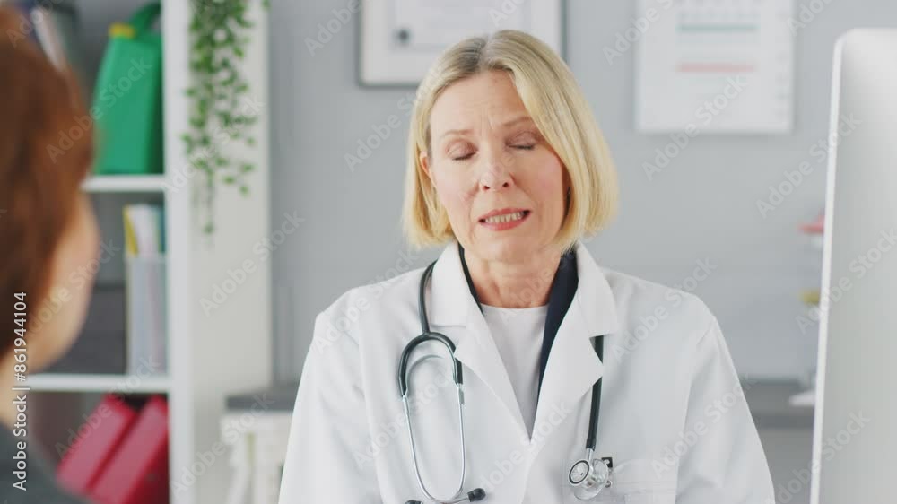 Serious mature female doctor or consultant wearing white coat having meeting with female patient in office - shot in slow motion Serious mature female doctor or consultant wearing white coat having meeting with female patient in office - shot in slow motion
