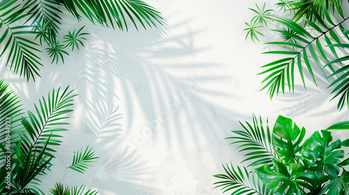 Minimalistic tropical background with green leaves and white flowers on a light background. Concept: nature, simplicity, and elegance. Suitable for presentations, invitations, and background imagery.