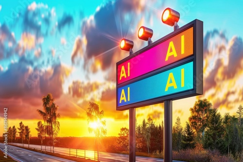 AI technology billboards, colorful sunset, digital innovation, tech advertising, futuristic design, cyber tech, vibrant colors, modern cityscape, digital signage, AI marketing, tech display, conceptua photo
