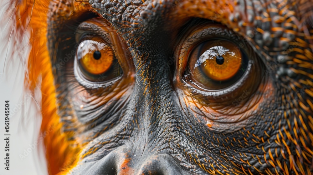 Close-up of orangutan's face showing expressive eyes and detailed fur Close-up of orangutan's face showing expressive eyes and detailed fur