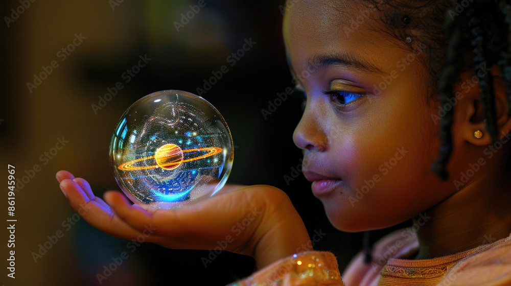 Naklejka premium A young girl with dark brown hair holds a glass globe with a planet and galaxy inside, illuminated from within. She is gazing at the globe with wonder and curiosity