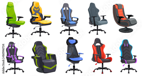 Cartoon gaming chairs. Ergonomic game chair for pro sitting gamers work in home desk computer or office gaming station, games store professional equipment neat illustration