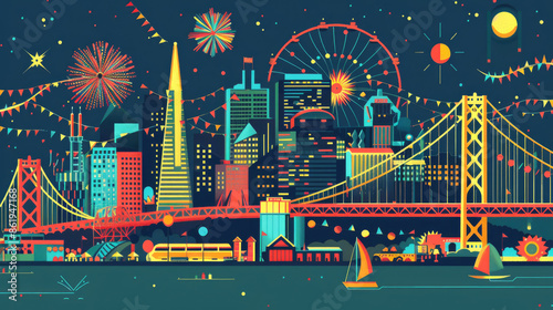 An illustration depicting the San Francisco skyline at night, with fireworks exploding over the city and the Golden Gate Bridge spanning the bay
