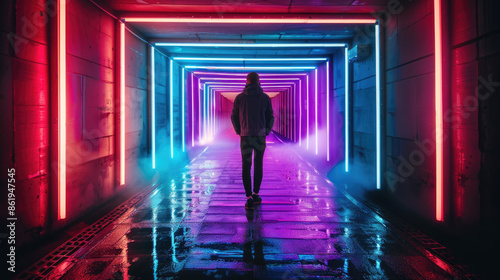 A lone figure walks through a tunnel adorned with vibrant neon lights, casting a colorful glow on the wet pavement. The colors create a striking contrast and highlight the persons silhouette