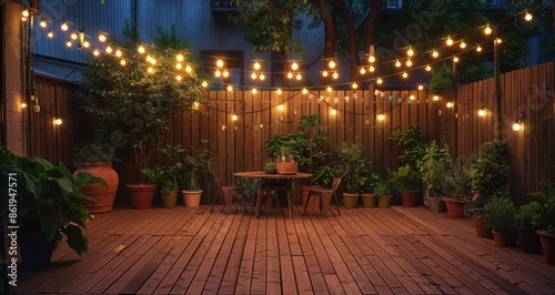 Evening Backyard Patio With String Lights and Wooden Deck © olegganko