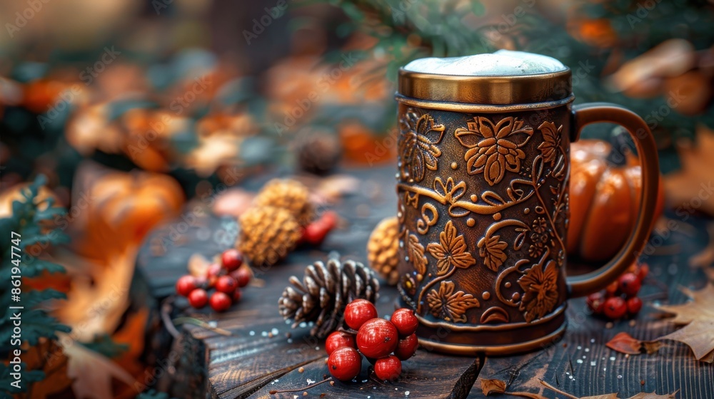 Fototapeta premium Traditional decorative beer stein with intricate design in an inviting festive fall setting. Ideal for Octoberfest and other Autumn festivities and celebrations. Extra space for text copy.