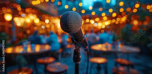 Close Up Of A Microphone On A Stage With Blurred Lights In The Background