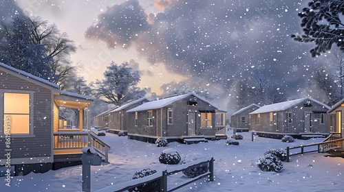 conceptual rendering of a mobile home park where each unit features lightweight, energy-efficient vinyl siding, shown during a serene snowfall