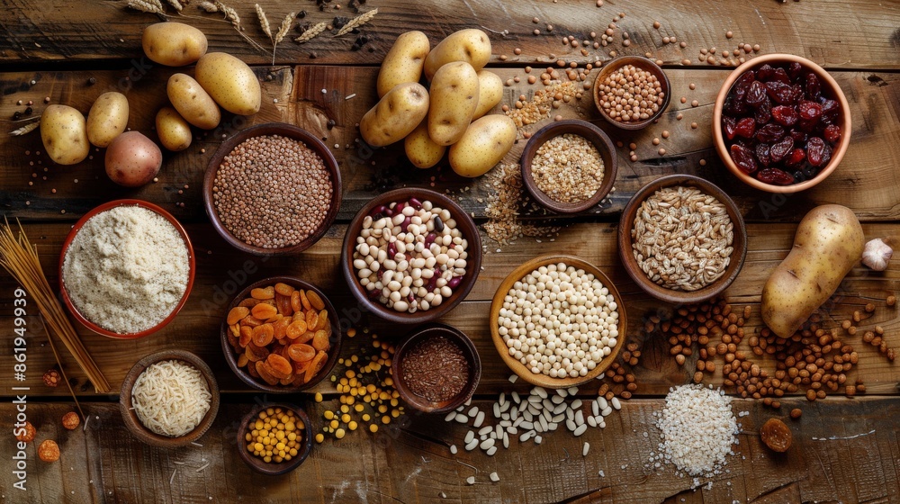 Carbohydrate-Rich Foods on Rustic Wooden Table Carbohydrate-Rich Foods on Rustic Wooden Table