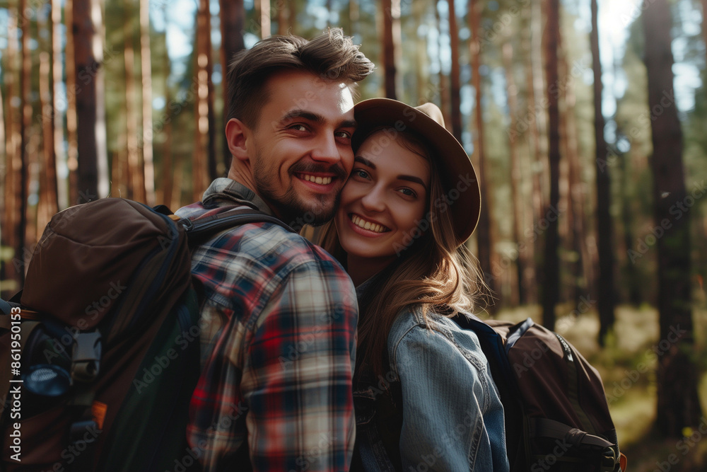 Fototapeta premium Couple exploring a taiga biome forest, captured in a captivating wallpaper featuring significant copy-space, perfect for conveying the essence of travel