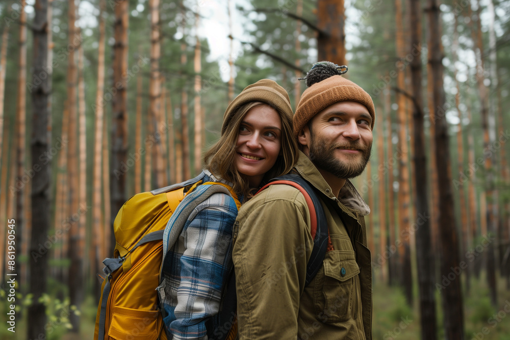 Couple exploring a taiga biome forest, featured in a serene wallpaper with abundant copy-space, perfectly embodying the excitement of travel Couple exploring a taiga biome forest, featured in a serene wallpaper with abundant copy-space, perfectly embodying the excitement of travel