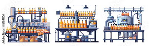 Beer factory production cartoon vector concepts. Tanks pipes containers boxes glass hops malt bottles alcoholic drinks conveyor technological line equipment, illustrations isolated on white background