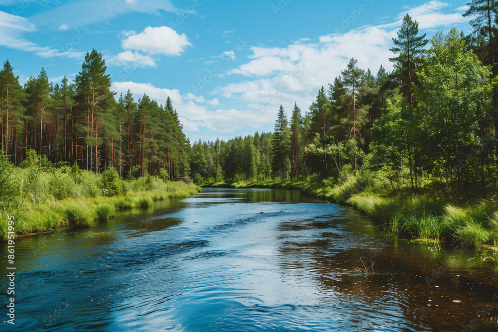 Taiga biome landscape with a river and green forest, providing a stunning wallpaper with generous copy-space, encouraging thoughts of travel and adventures