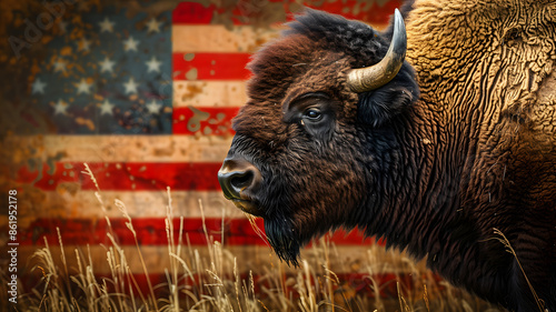 american bison buffalo animal nature background flag