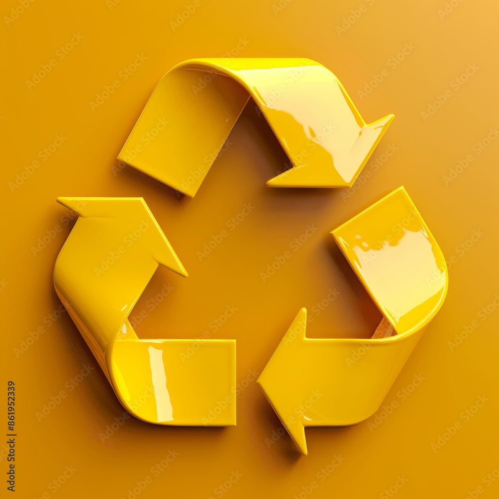 Yellow 3D recycling symbol isolated on a yellow background. Suitable for personal and commercial projects like websites, blogs, social media, and print materials Yellow 3D recycling symbol isolated on a yellow background. Suitable for personal and commercial projects like websites, blogs, social media, and print materials