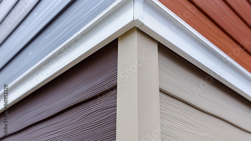 detailed view of a corner where two different colored vinyl sidings meet, illustrating installation techniques and color contrast