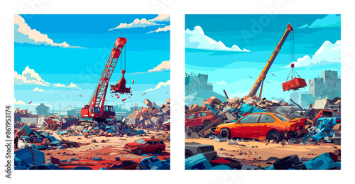 Cars junkyard cartoon vector scene. excavator crane landscape rusty auto destroyed four wheeled vehicles recycling press garbage, color concepts