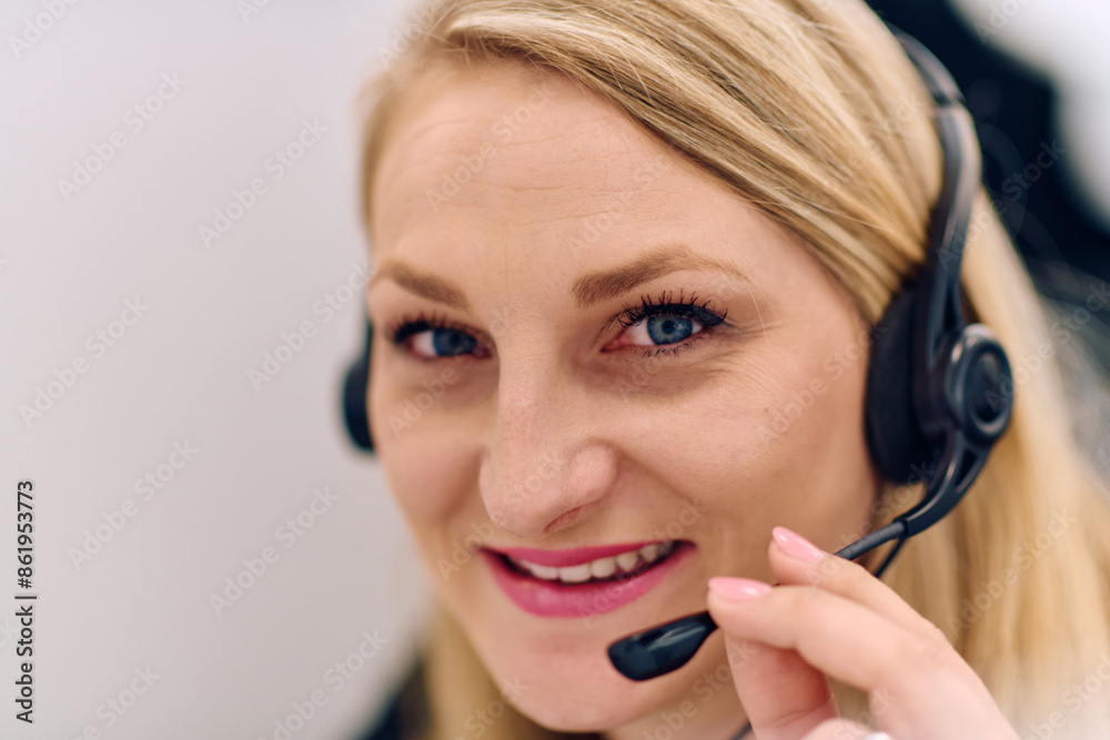Friendly Call Center Agent Answering Incoming Calls with Headset Providing Remote Customer Service. Friendly Call Center Agent Answering Incoming Calls with Headset Providing Remote Customer Service.