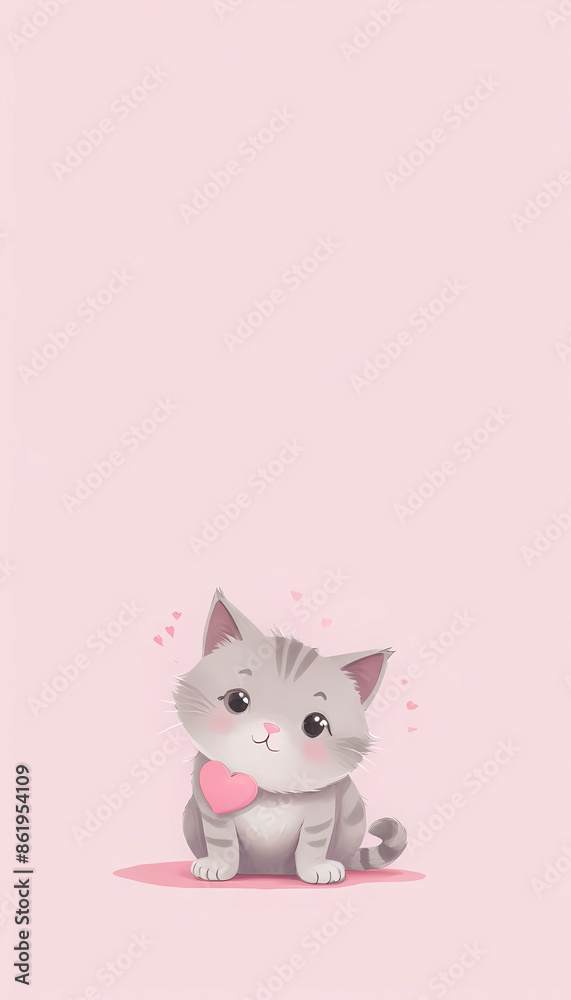 Digital painting style illustration of a cute gray cat with a heart shape in abstract pink background Digital painting style illustration of a cute gray cat with a heart shape in abstract pink background