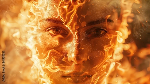 Fiery Embrace: Intense Close-Up Portrait Amidst Flames