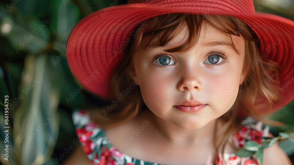 Serene Garden Beauty: Toddler Girl in Stylish Red Hat and Floral Dress