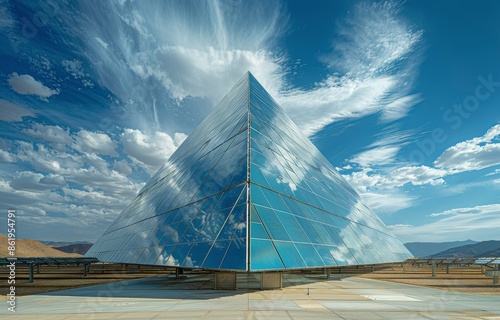 A Large Scale Solar Power Array Reflecting Blue Skies in a Desert Landscape