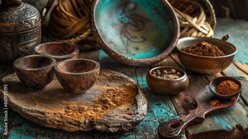 Rustic spices and wooden bowls on textured surface