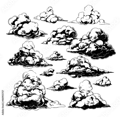 Clouds ink sketch vector set. Vape steam fog rain snow air cloud symbols aero smoke isolated on white background