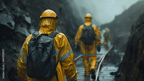 Gold mine, workers wearing safety suits