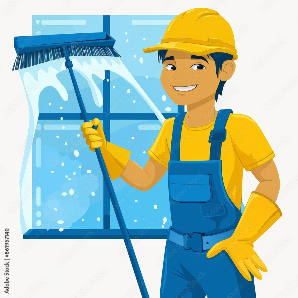 The window cleaner is wearing a blue uniform, yellow gloves, and a hard hat. He is using a squeegee and a spray bottle to clean the window. The background shows a blue sky with white clouds The window cleaner is wearing a blue uniform, yellow gloves, and a hard hat. He is using a squeegee and a spray bottle to clean the window. The background shows a blue sky with white clouds